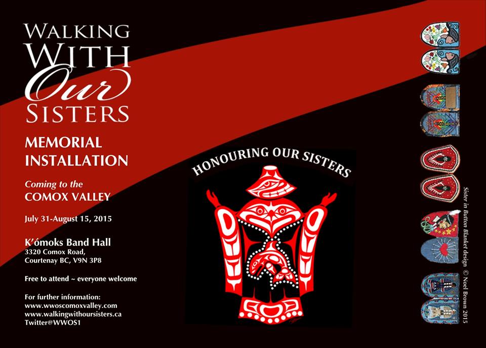Poster with Comox Valley Walking With Our Sisters logo in West Coast style as well as info about the upcoming exhibit