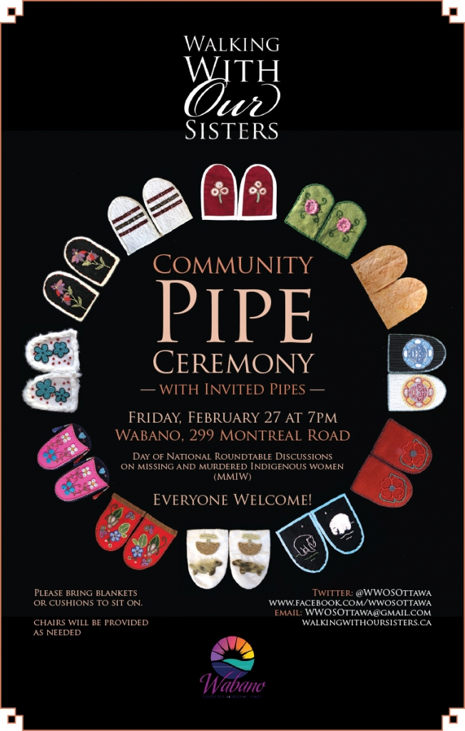 Poster for Pipe Ceremony  at Wabano Centre on Friday February 27, circle of beaded moccasin tops in a circle